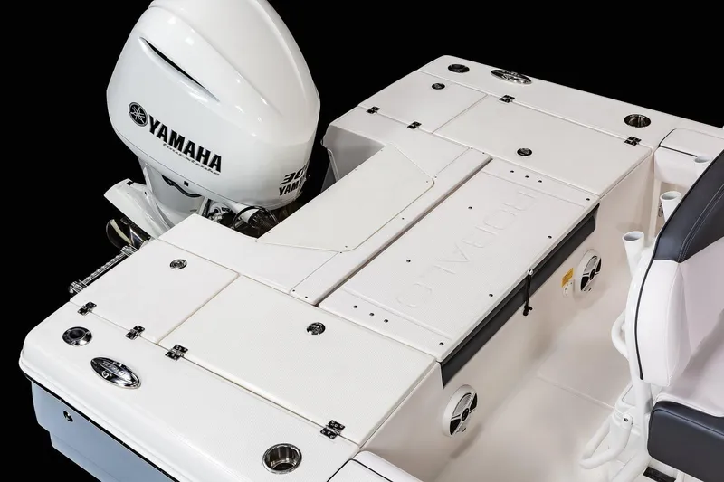 Slide: The Image of Manufacturer Provided Image: 2025 Robalo 246 Cayman SD boat with Yamaha engine, featuring sleek white deck design. - 37