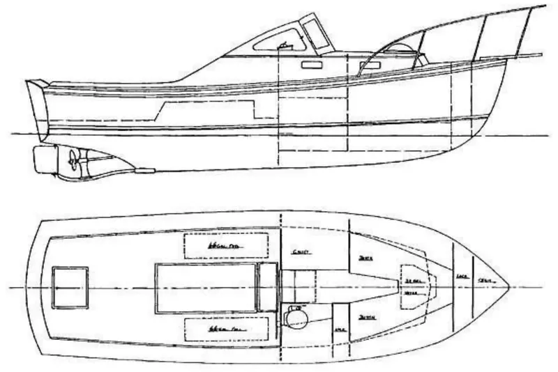 Slide: The Image of Blueprint of a 1981 Dyer 29 boat, showcasing side and top views. - 15