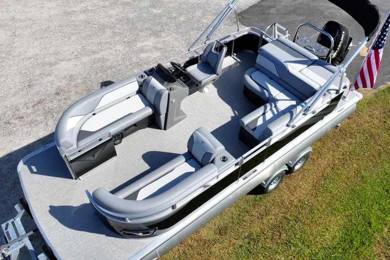 Slide: The Image of 2026 Tahoe Pontoon Sport 85 Cruise with spacious seating and modern design. - 8