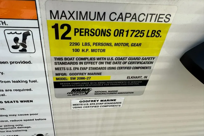 Slide: The Image of 2021 Godfrey Sweetwater 2086 C capacity label, 12 persons or 1725 lbs, 100 HP motor. - 15