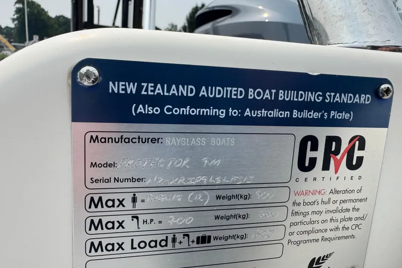 Slide: The Image of 2016 Protector 30 Center Console compliance plate, New Zealand and Australian standards certified. - 10