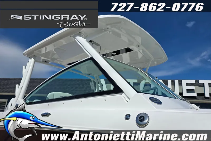Slide: The Image of 2026 Stingray 259DC boat showcased at Antonietti Marine with contact details. - 12