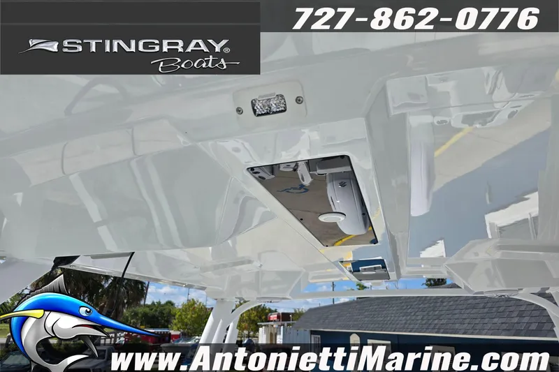 Slide: The Image of 2026 Stingray 259DC boat showcased at Antonietti Marine with contact details. - 37