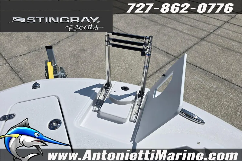 Slide: The Image of 2026 Stingray 259DC boat deck with ladder, contact info, and Antonietti Marine branding. - 43