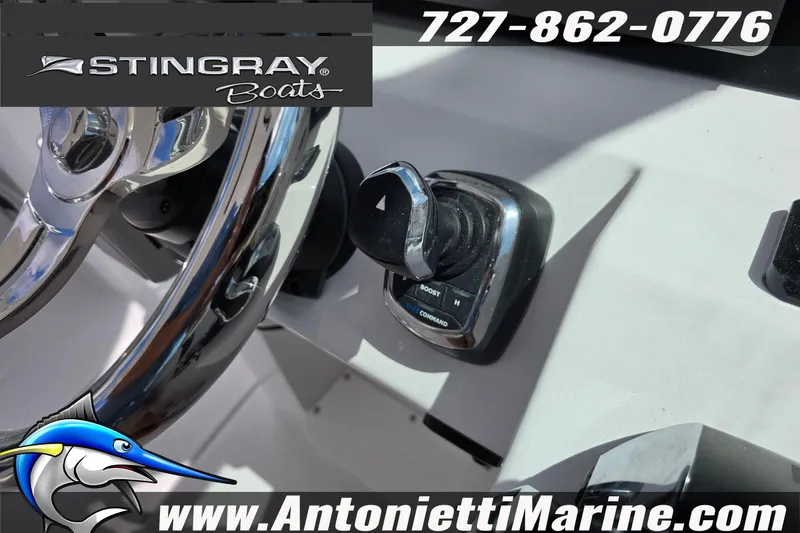 Slide: The Image of Steering wheel and controls of 2026 Stingray 259DC boat, featuring Antonietti Marine branding. - 45