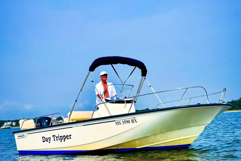 Slide: The Image of 2024 Boston Whaler 190 Montauk boat on water, clear sky background. - 8