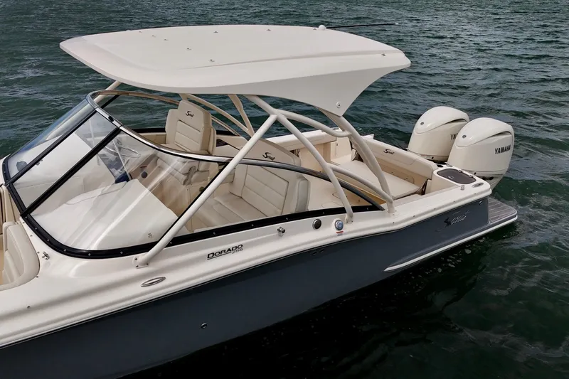 Slide: The Image of 2026 Scout 255 Dorado boat with dual Yamaha engines on water. - 6
