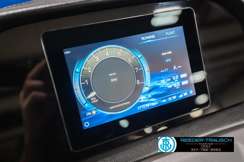 Slide: The Image of 2026 Bennington 21 SSB boat dashboard with Scanstrut mount, Reeder-Trausch Marine logo. - 34