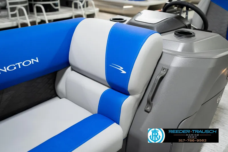 Slide: The Image of 2026 Bennington 21 SSB boat seat with blue and white upholstery, Reeder-Trausch Marine logo. - 39