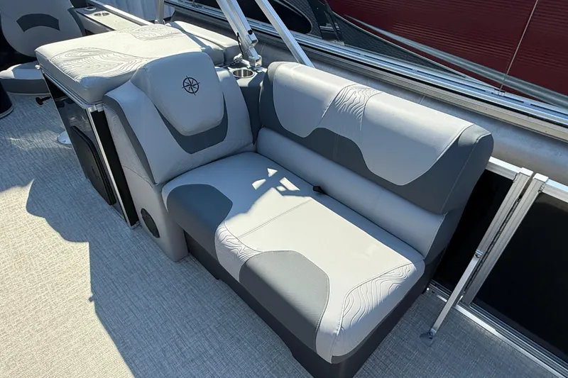 Slide: The Image of 2026 Tahoe Pontoon Geofish RF interior seating with modern design and comfortable upholstery. - 8