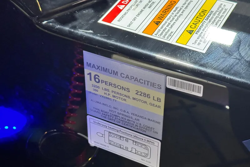 Slide: The Image of 2026 Veranda VX25RC capacity label, 16 persons, 3200 lbs, 300 HP motor. - 8