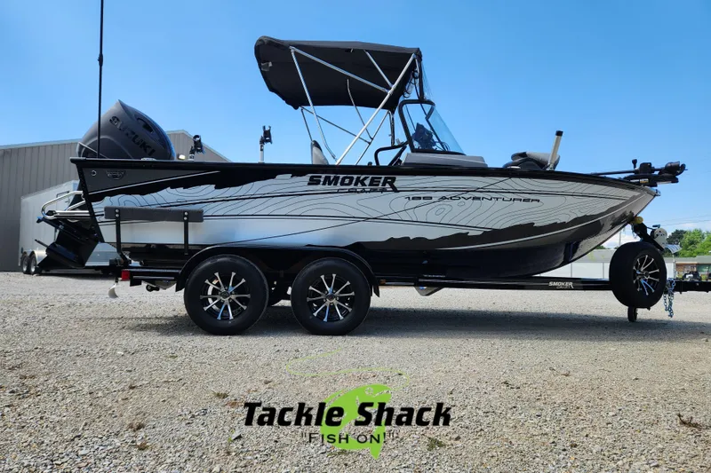 Slide: The Image of 2026 Smoker Craft Adventurer 188 DC PRO boat on trailer, displayed outdoors. - 20