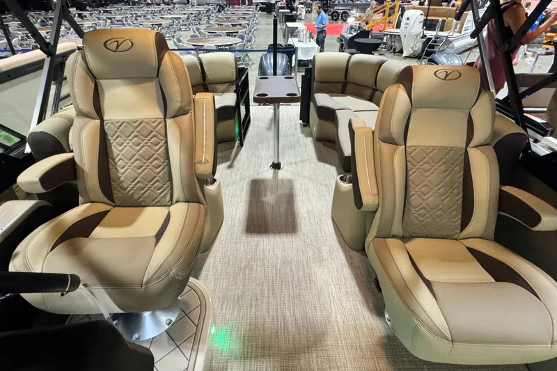 Slide: The Image of Luxurious interior of 2026 Veranda Relax VR22RC pontoon boat with plush seating. - 8