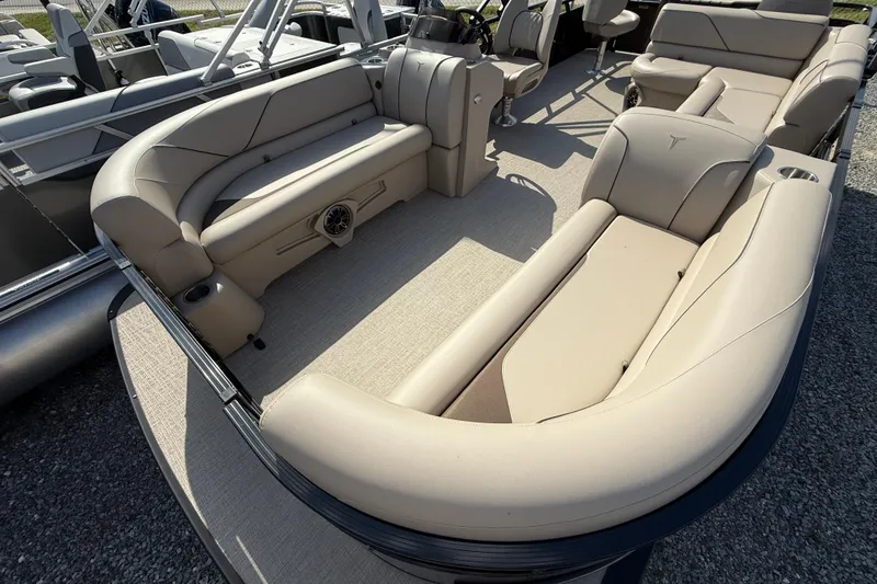 Slide: The Image of 2025 Tahoe Pontoon Sport 85 Rear Fish with spacious seating and modern design. - 8