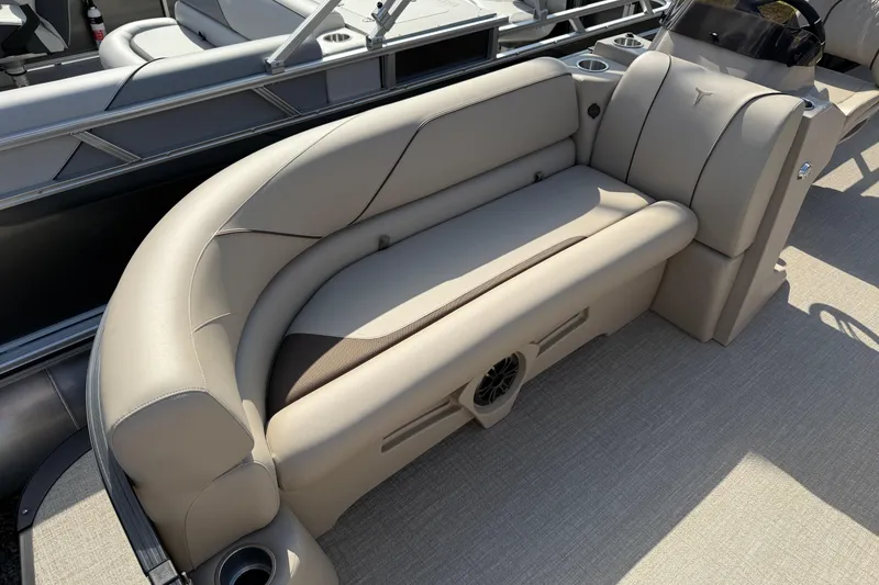 Slide: The Image of 2025 Tahoe Pontoon Sport 85 Rear Fish, featuring luxurious beige seating and modern design. - 9