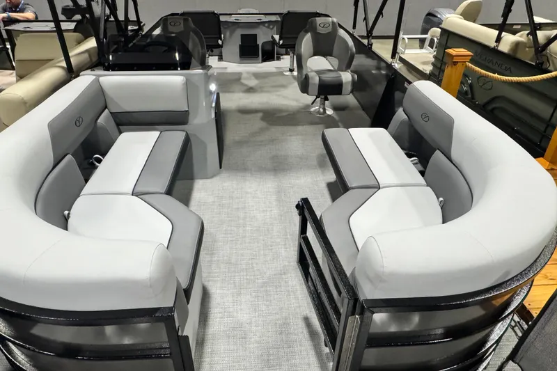 Slide: The Image of 2026 Veranda Vista 22F2+2 pontoon boat interior with gray seating and modern design. - 3