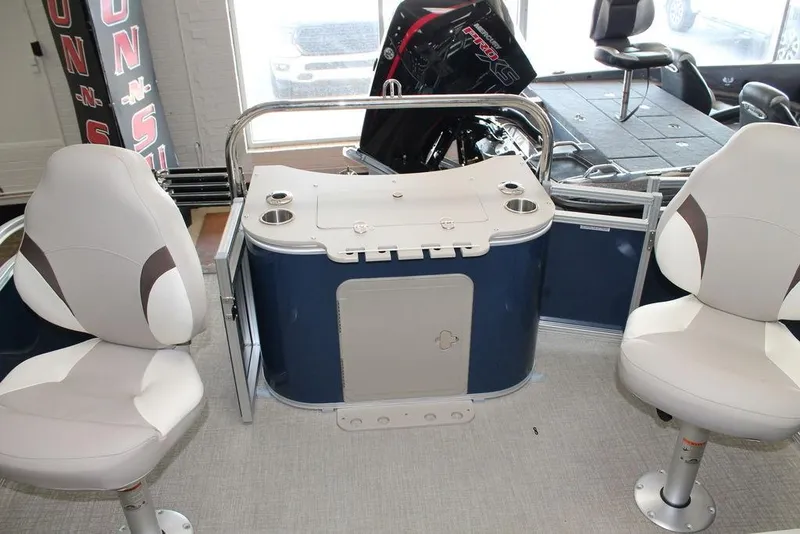 Slide: The Image of 2025 Avalon Venture 85 Quad Fish 21 FT interior with seating and console. - 10
