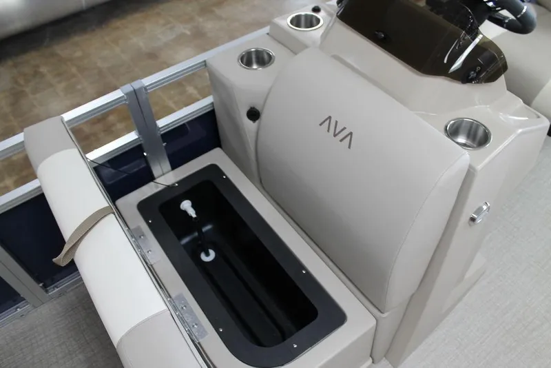 Slide: The Image of 2025 Avalon Venture 85 Quad Fish boat interior with seating and cup holders. - 11