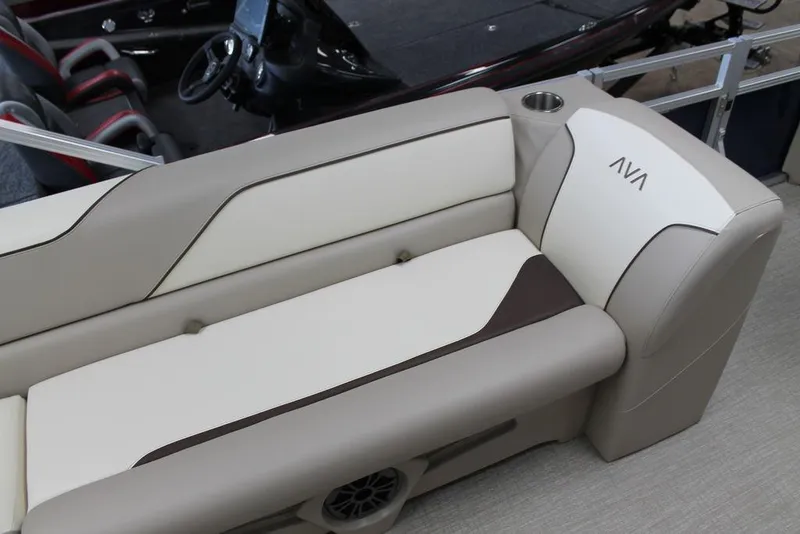 Slide: The Image of 2025 Avalon Venture 85 Quad Fish 21 FT boat interior with beige and white seating. - 5