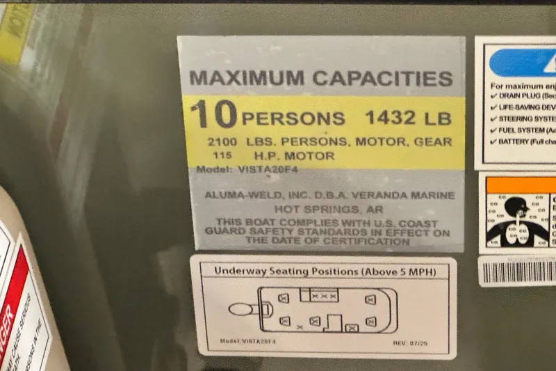 Slide: The Image of 2026 Veranda Vista 20F4 capacity label: 10 persons, 1432 lbs, 115 HP motor. - 8