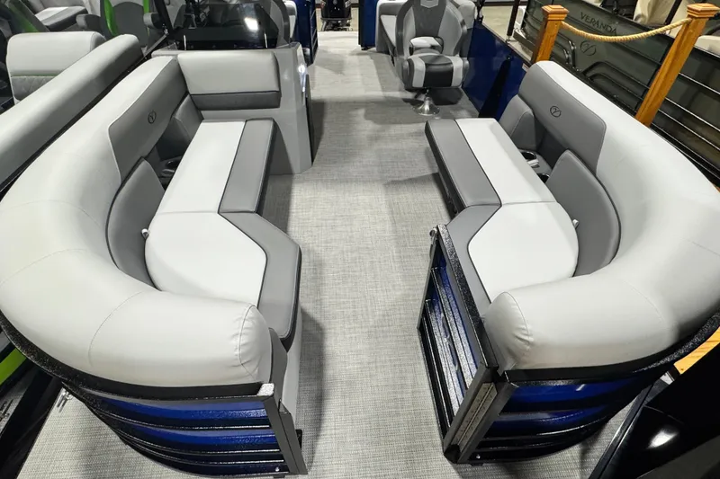 Slide: The Image of 2026 Veranda Vista View 20RC boat interior with gray seating and modern design. - 3