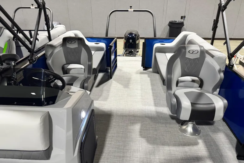 Slide: The Image of Interior of 2026 Veranda Vista View 20RC pontoon boat with modern seating and steering console. - 4