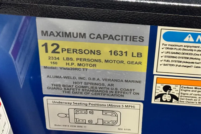 Slide: The Image of Veranda Vista View 20RC 2026 boat capacity label, 12 persons, 1631 lbs, 150 HP motor. - 7