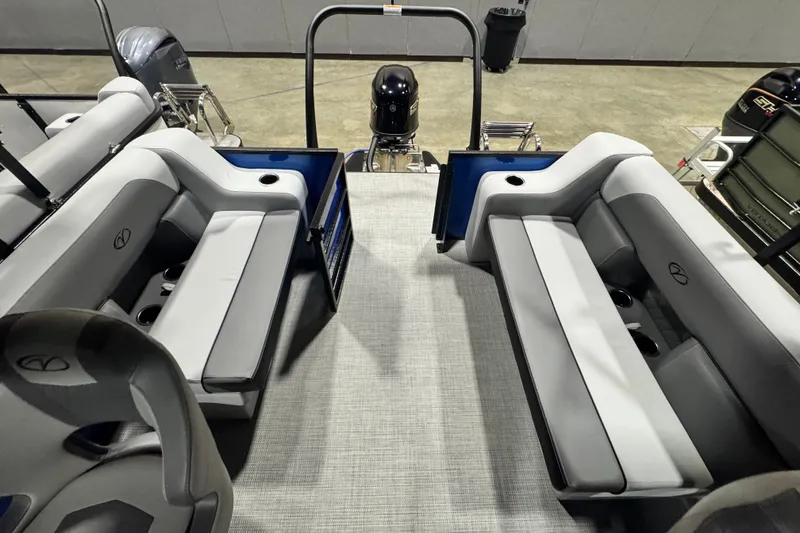 Slide: The Image of 2026 Veranda Vista View 20RC pontoon boat interior with gray seating and modern design. - 8