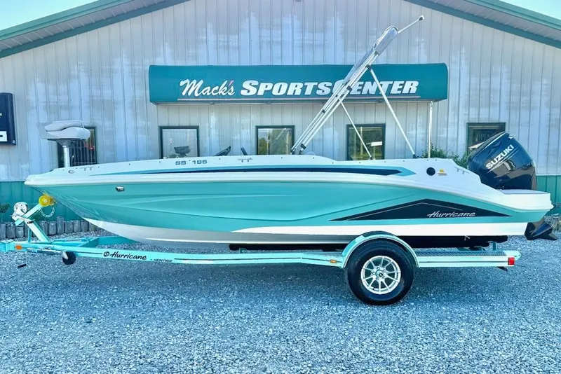 Slide: The Image of 2026 Hurricane SS185-OB boat on trailer at Mack's Sports Center. - 1