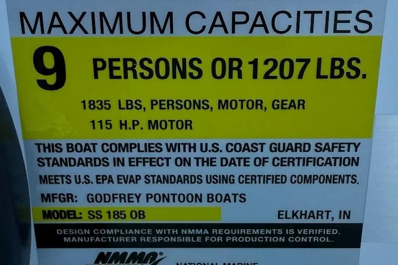 Slide: The Image of Maximum capacity label for 2026 Hurricane SS185-OB boat, 9 persons or 1207 lbs. - 10