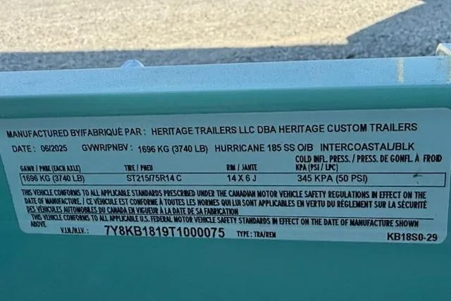 Slide: The Image of Label on 2026 Hurricane SS185-OB trailer detailing specifications and compliance information. - 13