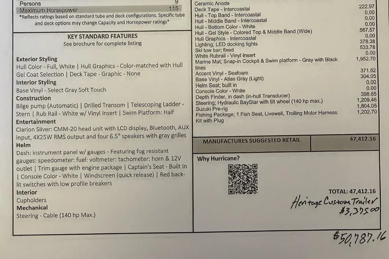 Slide: The Image of 2026 Hurricane SS185-OB boat features and pricing details on a specification sheet. - 14