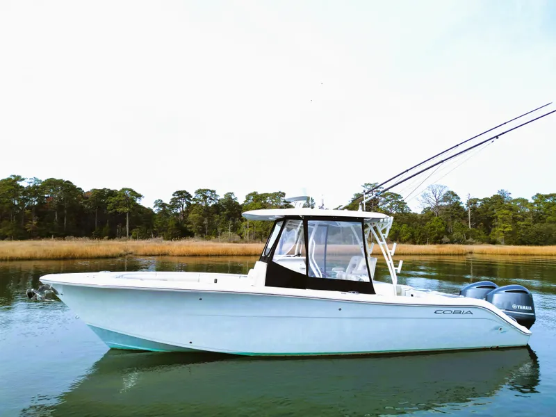 The Image of 2016 Cobia 296 Center Console boat on calm water, surrounded by trees. - 0