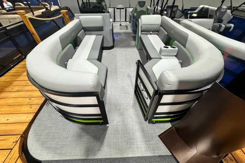 Slide: The Image of 2026 Veranda Vista View Sport VS22RC pontoon boat with luxurious seating and modern design. - 2