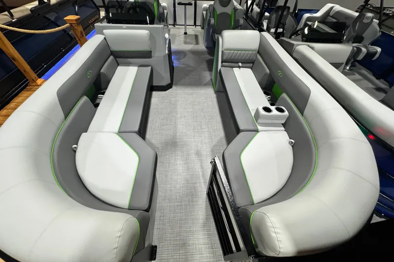 Slide: The Image of Luxurious interior of 2026 Veranda Vista View Sport VS22RC pontoon boat with plush seating. - 3