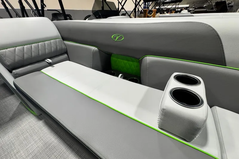 Slide: The Image of 2026 Veranda Vista View Sport VS22RC interior with gray and green seating, cup holders. - 4