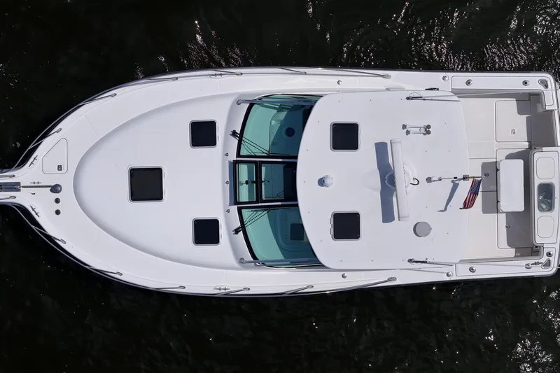 Slide: The Image of Aerial view of 2006 Tiara 3200 Open yacht on water. - 10