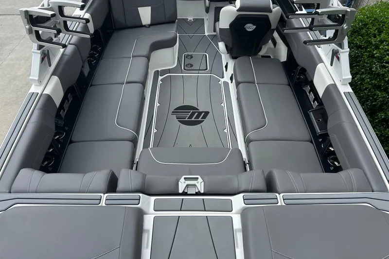 Slide: The Image of 2022 Malibu Wakesetter 23 LSV interior with sleek gray seating and modern design. - 10