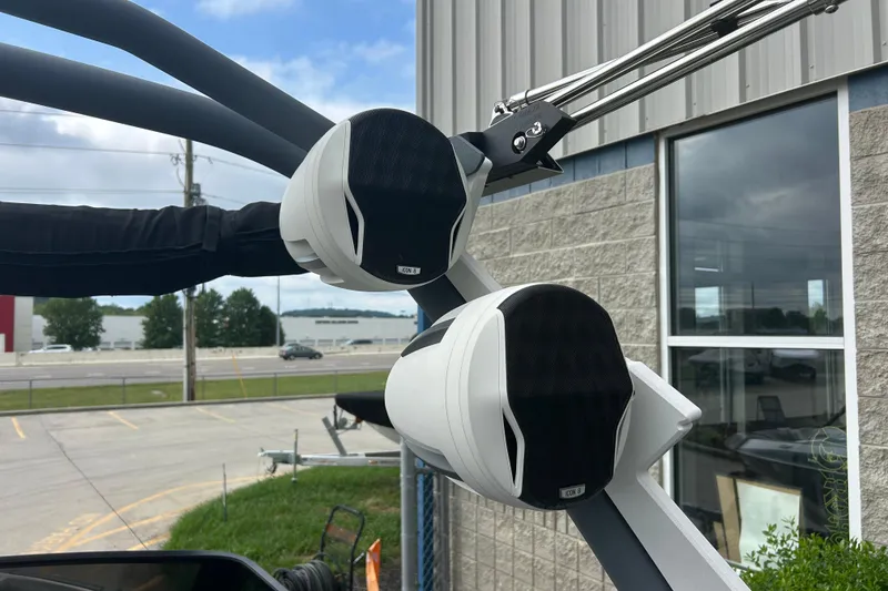 Slide: The Image of 2022 Malibu Wakesetter 23 LSV boat speakers mounted on a metal frame. - 23