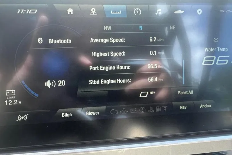 Slide: The Image of Yamaha Boats 2023 222XD dashboard displaying speed, engine hours, and water temperature. - 8