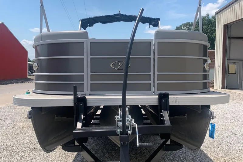 Slide: The Image of 2018 Veranda Relax VR 25 RC pontoon boat on trailer, front view. - 3