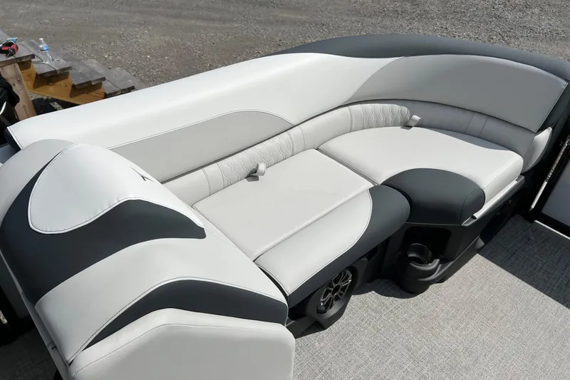 Slide: The Image of Luxurious seating on 2026 Tahoe TRITOON 2185 boat, featuring sleek gray and white upholstery. - 20