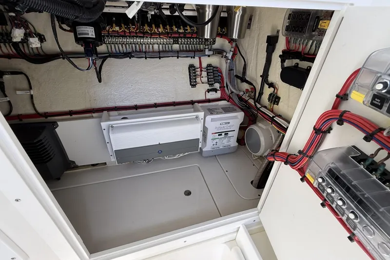 Slide: The Image of Electrical system of a 2021 SeaVee 37 boat, showcasing wiring and components. - 11