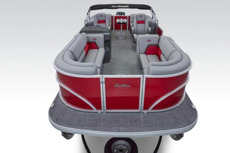 Slide: The Image of 2026 Sun Tracker Party Barge 22 DLX pontoon boat with red and gray seating. - 11