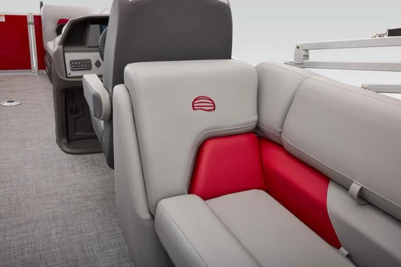 Slide: The Image of 2026 Sun Tracker Party Barge 22 DLX interior with gray and red seating. - 36
