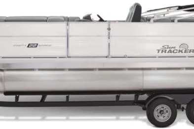 Slide: The Image of 2026 Sun Tracker Party Barge 22 DLX pontoon boat on trailer, side view. - 5