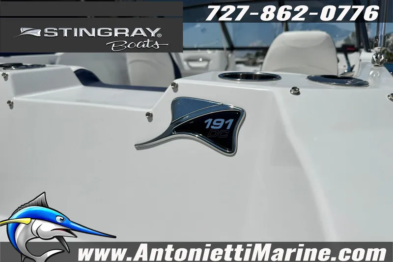 Slide: The Image of 2026 Stingray 191DC Dual Console boat with logo and contact details. - 9