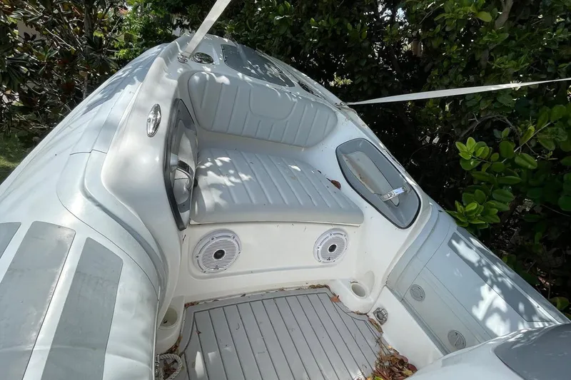 Slide: The Image of Flexboat Flex 450 interior with seating, speakers, and foliage in the background. - 5