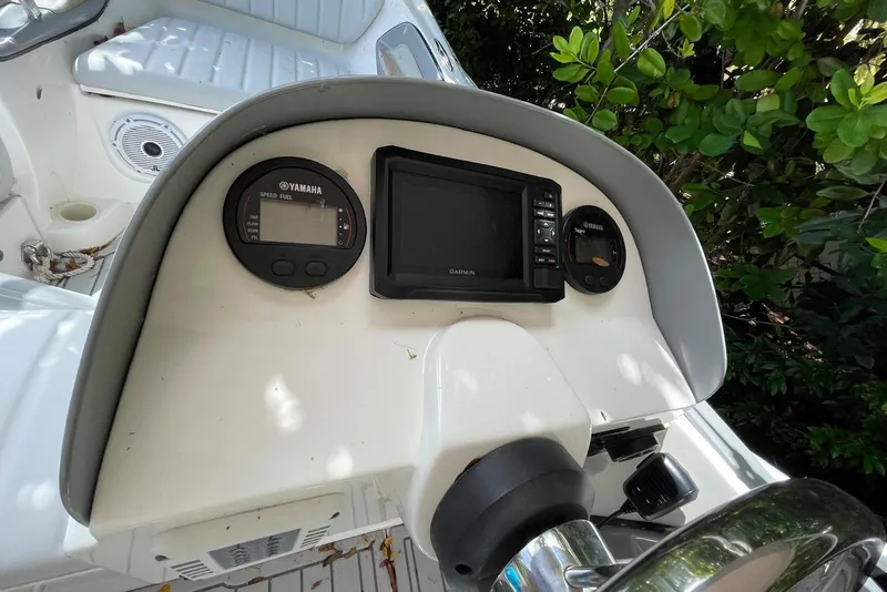 Slide: The Image of Flexboat Flex 450 dashboard with Yamaha and Garmin instruments, surrounded by greenery. - 6