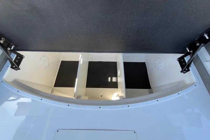 Slide: The Image of 2022 Sea Ray SLX 310 Outboard storage compartment with open hatch and organized interior. - 31